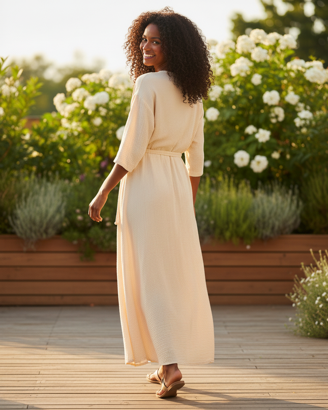 Musselin Kleid Apricot - Midi V-Ausschnitt Kurzarm - Ansicht 2