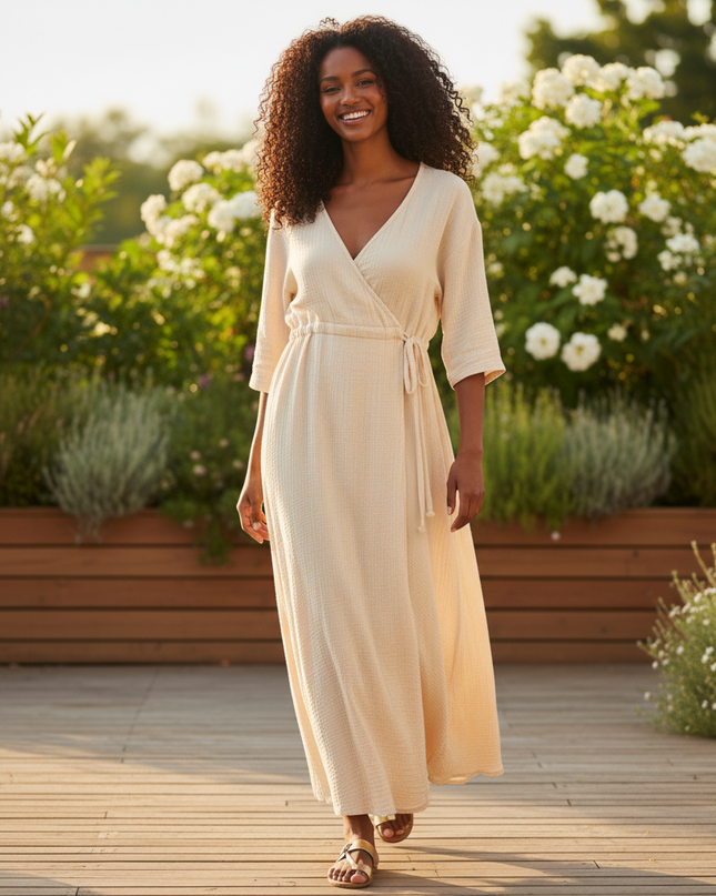 Musselin Kleid Apricot - Midi V-Ausschnitt Kurzarm - Ansicht 5
