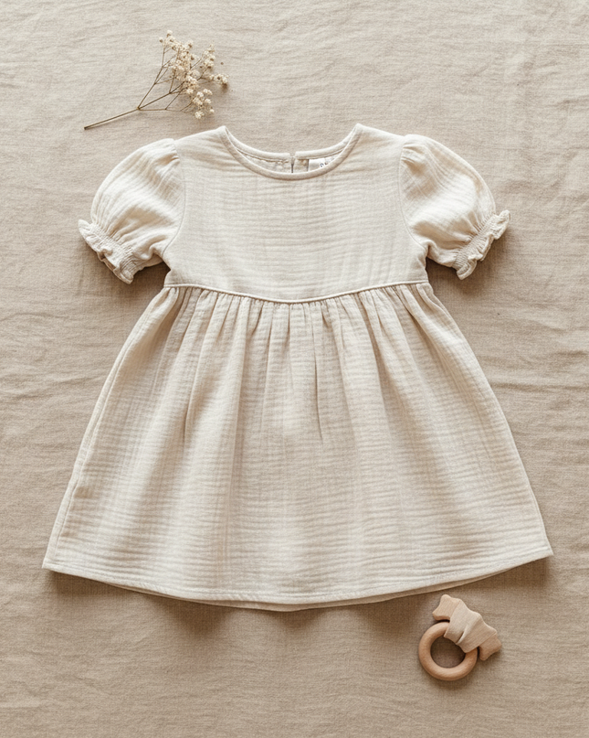 Musselin Kleid Baby Weiss Kurzarm | Musselin Kleid - Ansicht 1