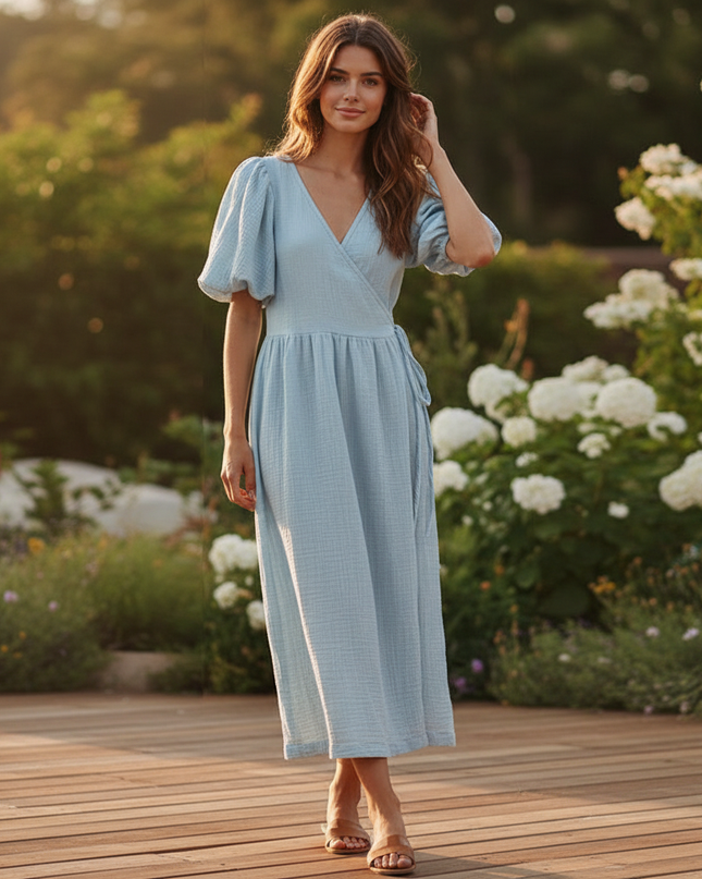 Musselin Kleid Blau Fliessend Lang | Musselin Kleid - Ansicht 1
