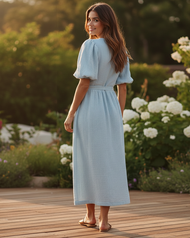 Musselin Kleid Blau Fliessend Lang | Musselin Kleid - Ansicht 2