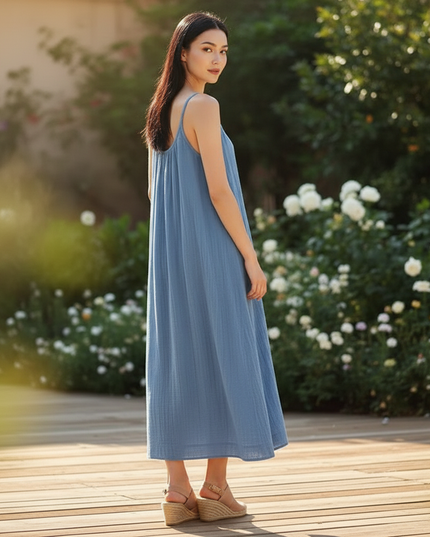 Musselin Kleid Blau Kurz - Tragerschnitt One Size - Ansicht 2