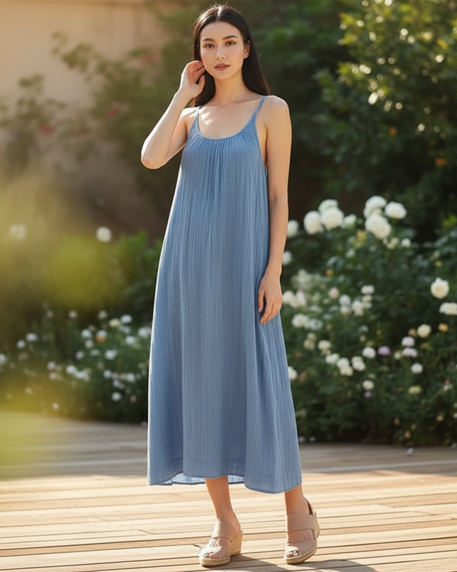 Musselin Kleid Blau Kurz - Tragerschnitt One Size - Ansicht 3
