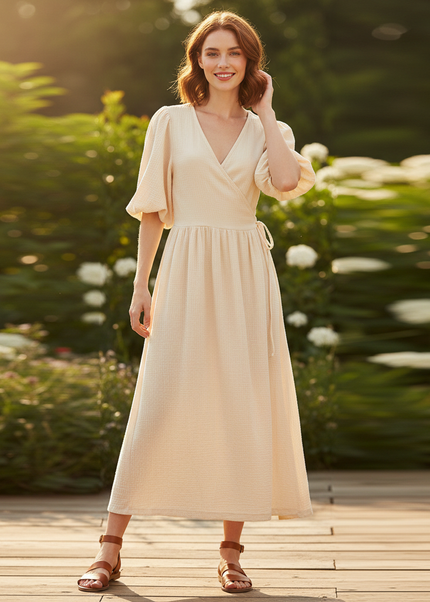 Musselin Kleid Creme Lang Sommer | Musselin Kleid - Ansicht 1