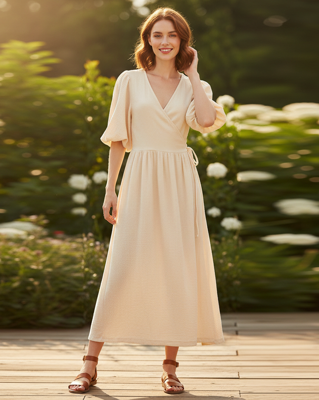 Musselin Kleid Creme Lang Sommer | Musselin Kleid - Ansicht 1