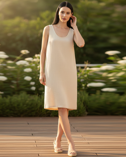 Musselin Kleid Creme - Midi Tank Damen mit Taschen - Ansicht 1
