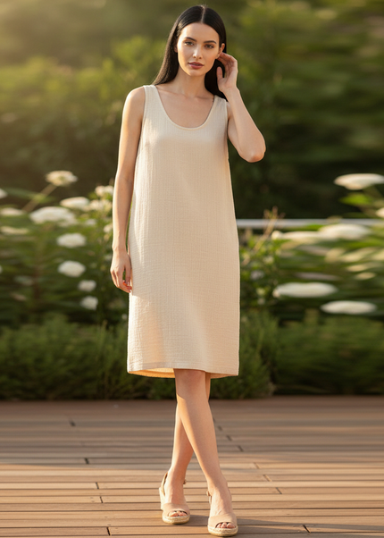 Musselin Kleid Creme - Midi Tank Damen mit Taschen - Ansicht 1