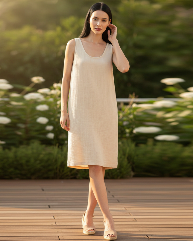 Musselin Kleid Creme - Midi Tank Damen mit Taschen - Ansicht 1