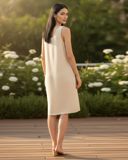 Musselin Kleid Creme - Midi Tank Damen mit Taschen - Ansicht 2
