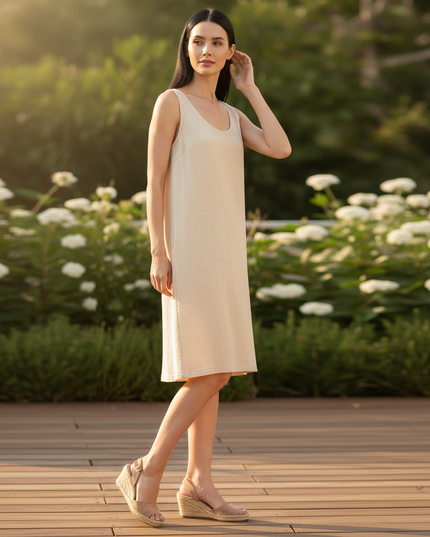 Musselin Kleid Creme - Midi Tank Damen mit Taschen - Ansicht 3