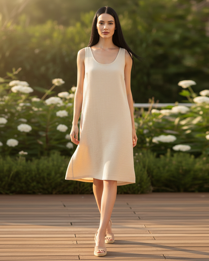 Musselin Kleid Creme - Midi Tank Damen mit Taschen - Ansicht 5