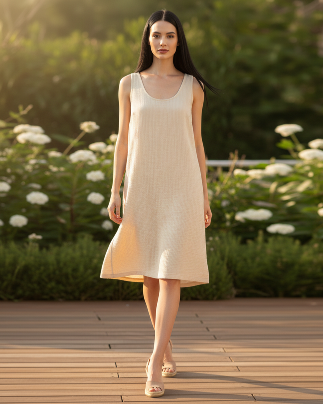 Musselin Kleid Creme - Midi Tank Damen mit Taschen - Ansicht 5