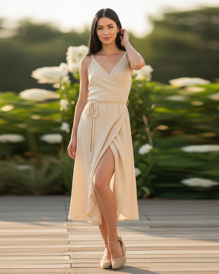 Musselin Kleid Creme V-Ausschnitt Kurz | Musselin Kleid - Ansicht 1