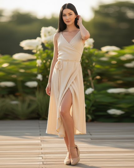 Musselin Kleid Creme V-Ausschnitt Kurz | Musselin Kleid - Ansicht 3