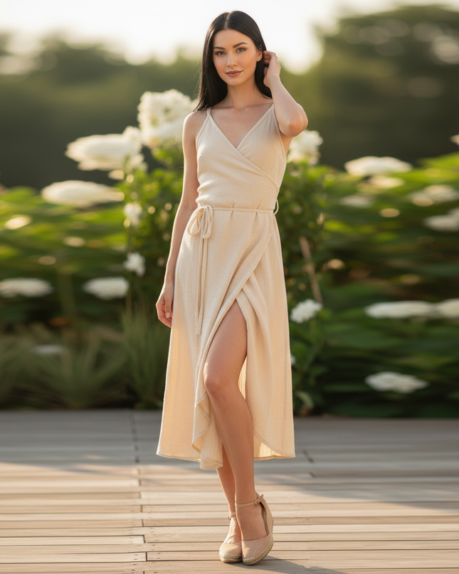 Musselin Kleid Creme V-Ausschnitt Kurz | Musselin Kleid - Ansicht 3