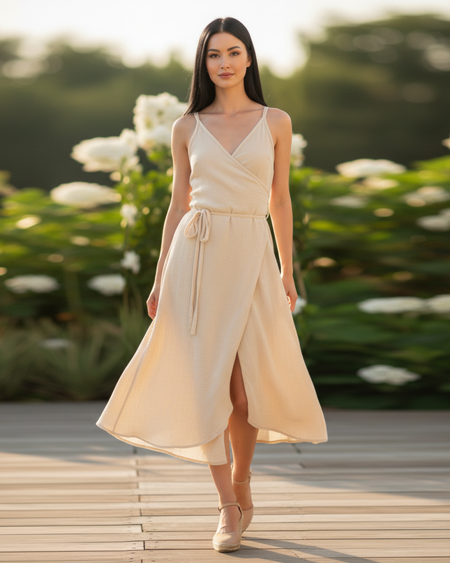 Musselin Kleid Creme V-Ausschnitt Kurz | Musselin Kleid - Ansicht 5