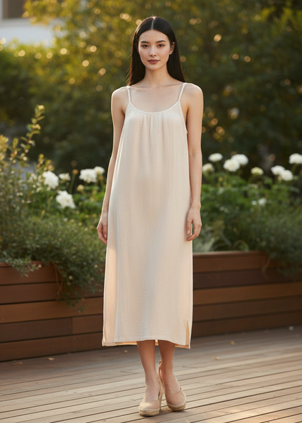 Musselin Kleid Creme - Midi Sommerkleid Damen - Ansicht 1