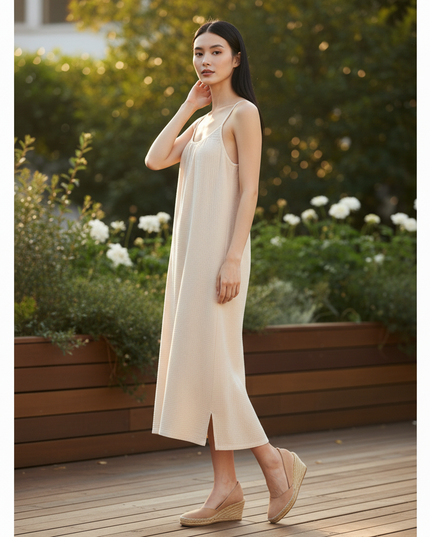 Musselin Kleid Creme - Midi Sommerkleid Damen - Ansicht 3