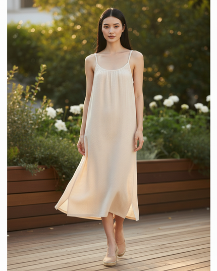 Musselin Kleid Creme - Midi Sommerkleid Damen - Ansicht 5