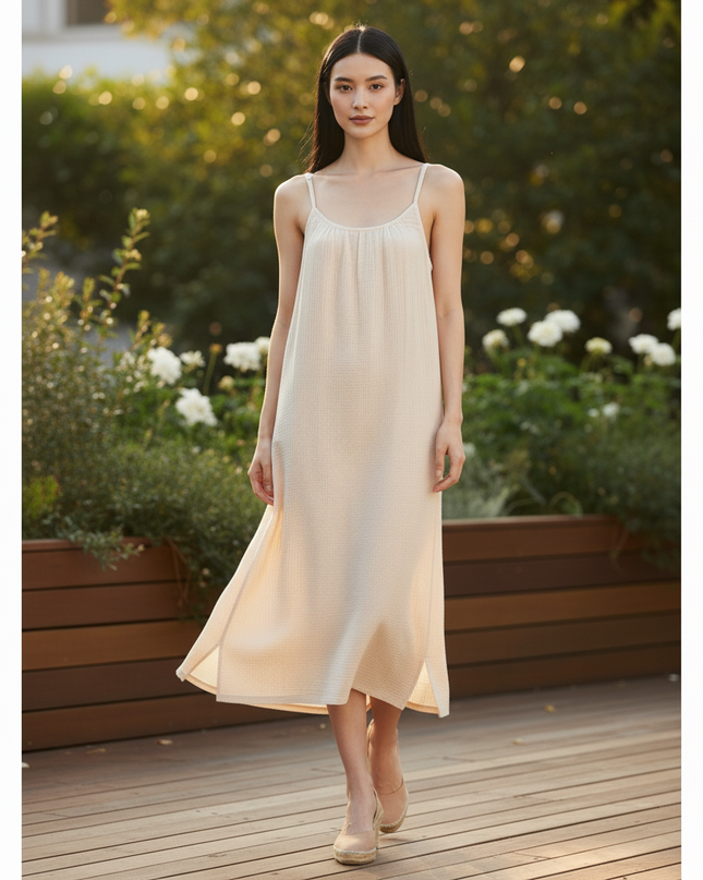 Musselin Kleid Creme - Midi Sommerkleid Damen - Ansicht 5