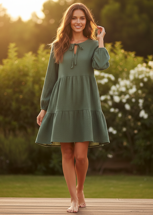 Musselin Kleid Damen Dunkelgruen Boho | Musselin Kleid - Ansicht 1