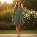 Musselin Kleid Damen Dunkelgruen Boho | Musselin Kleid - Ansicht 1