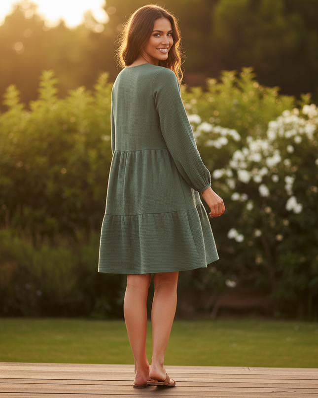 Musselin Kleid Damen Dunkelgruen Boho | Musselin Kleid - Ansicht 2