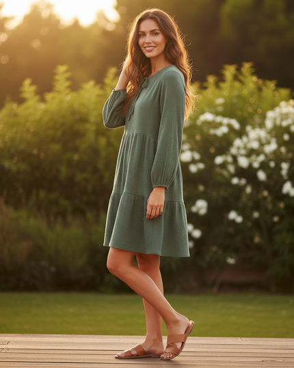 Musselin Kleid Damen Dunkelgruen Boho | Musselin Kleid - Ansicht 3