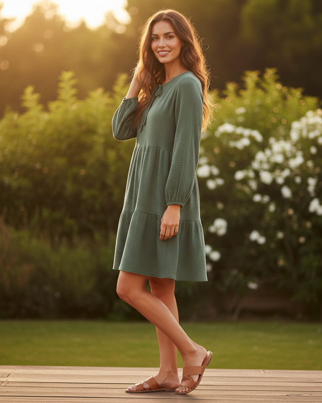 Musselin Kleid Damen Dunkelgruen Boho | Musselin Kleid - Ansicht 3