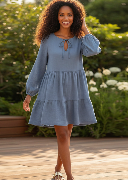 Musselin Kleid Damen Blau Festlich | Musselin Kleid - Ansicht 1