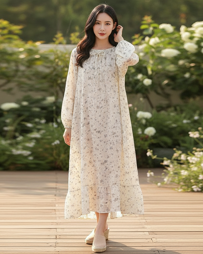 Musselin Kleid Damen Creme | Musselin Kleid - Ansicht 1