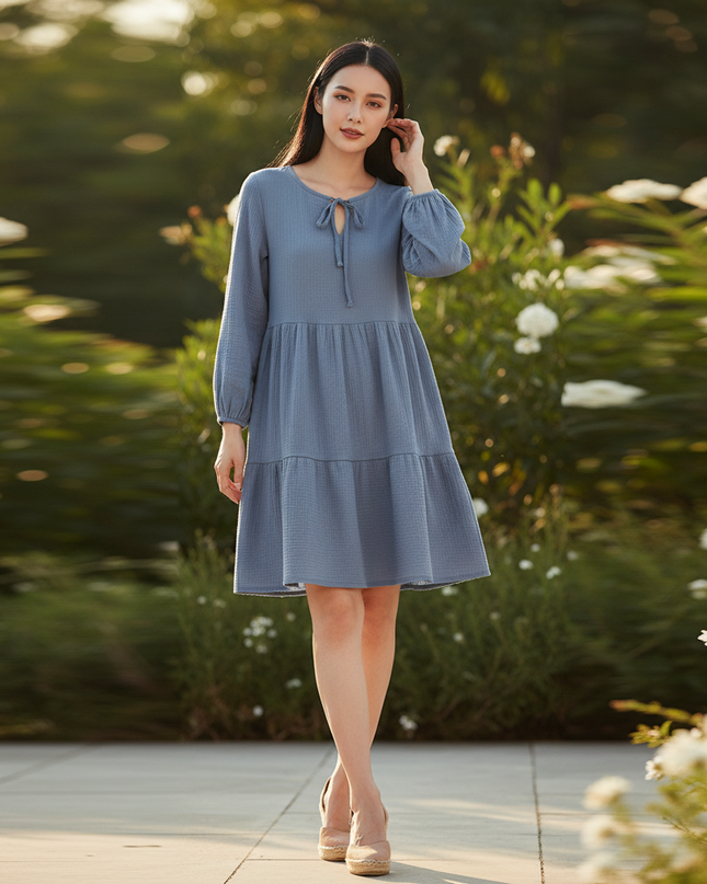 Musselin Kleid Damen Dunkelblau | Musselin Kleid - Ansicht 1