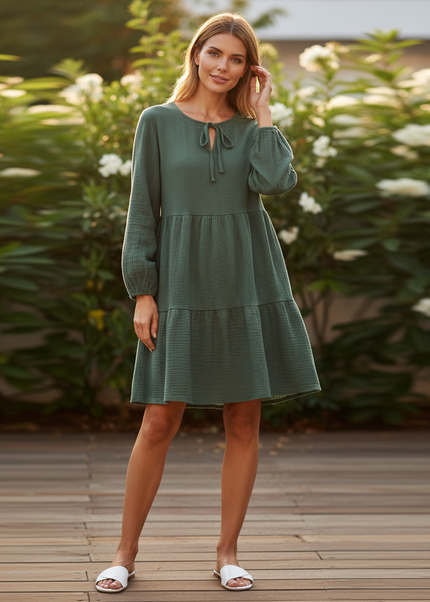 Musselin Kleid Damen Dunkelgruen | Musselin Kleid - Ansicht 1