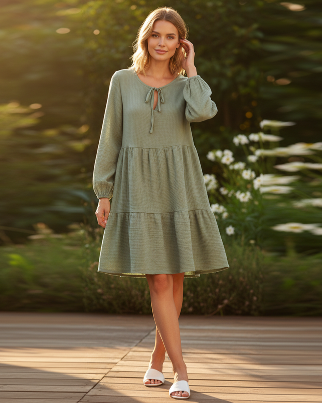 Musselin Kleid Damen Gruen Boho | Musselin Kleid - Ansicht 1