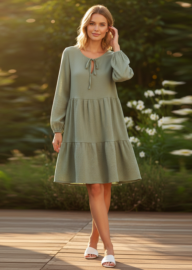 Musselin Kleid Damen Gruen Boho | Musselin Kleid - Ansicht 1