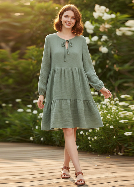 Musselin Kleid Damen Grün | Musselin Kleid - Ansicht 1