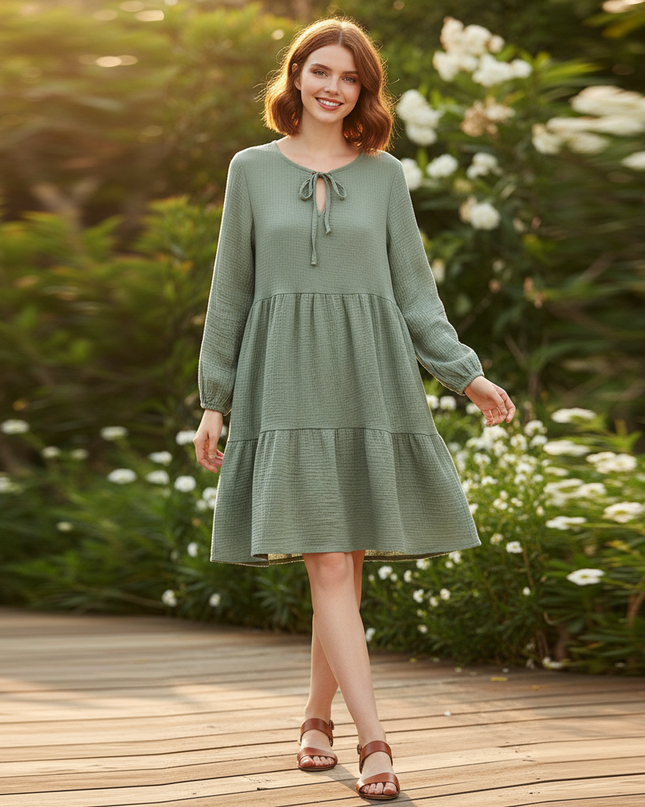 Musselin Kleid Damen Grün | Musselin Kleid - Ansicht 1