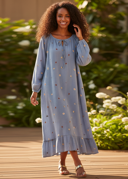 Musselin Kleid Damen Hellblau | Musselin Kleid - Ansicht 1