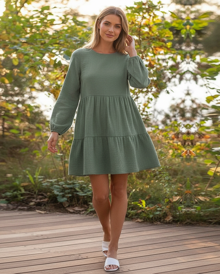 Musselin Kleid Damen Olivgrün | Musselin Kleid - Ansicht 1