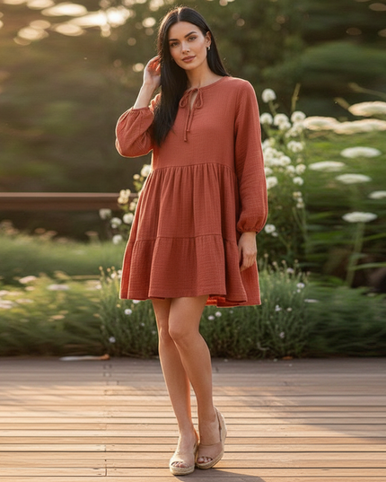Musselin Kleid Damen Rot Festlich | Musselin Kleid - Ansicht 1