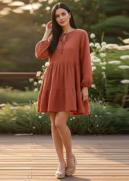 Musselin Kleid Damen Rot Festlich | Musselin Kleid - Ansicht 1