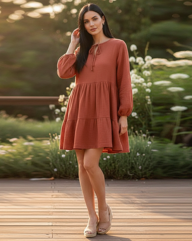 Musselin Kleid Damen Rot Festlich | Musselin Kleid - Ansicht 1