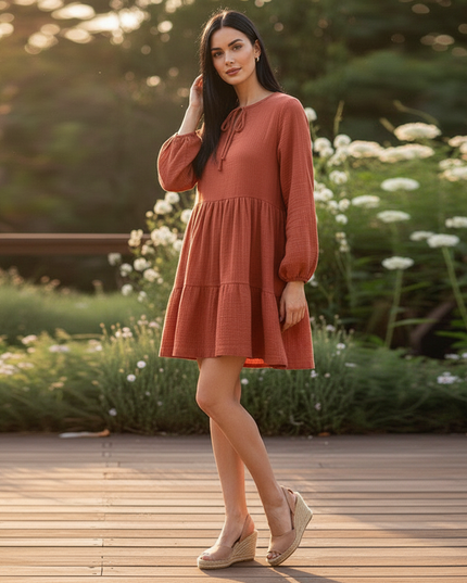 Musselin Kleid Damen Rot Festlich | Musselin Kleid - Ansicht 3