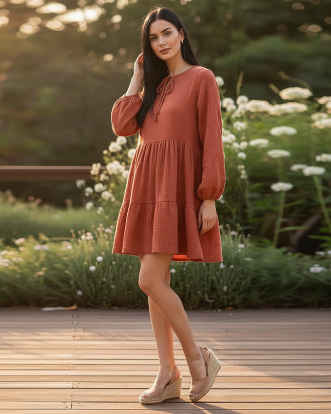 Musselin Kleid Damen Rot Festlich | Musselin Kleid - Ansicht 3