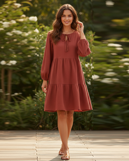 Musselin Kleid Damen Weinrot | Musselin Kleid - Ansicht 1