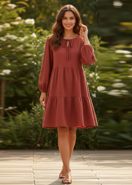 Musselin Kleid Damen Weinrot | Musselin Kleid - Ansicht 1