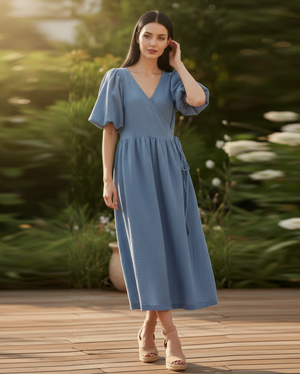 Musselin Kleid Dunkelblau Baumwolle Lang | Musselin Kleid - Ansicht 1