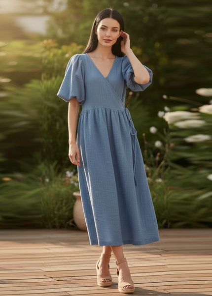 Musselin Kleid Dunkelblau Baumwolle Lang | Musselin Kleid - Ansicht 1