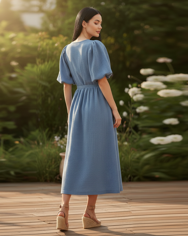 Musselin Kleid Dunkelblau Baumwolle Lang | Musselin Kleid - Ansicht 2