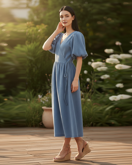 Musselin Kleid Dunkelblau Baumwolle Lang | Musselin Kleid - Ansicht 3